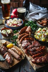 Wall Mural - Oktoberfest traditional dishes, beer, sausage, meat