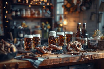 Wall Mural - Various sort of beer and bavarian pretzels