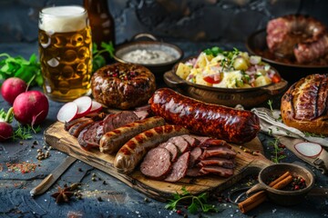 Wall Mural - Oktoberfest traditional dishes, beer, sausage, meat