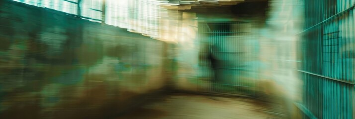 Abstract blurred background of a rustic prison cell in South America with wire roof and breeze block walls evoking a somber atmosphere with colorful hallucinatory visions and dynamic motion