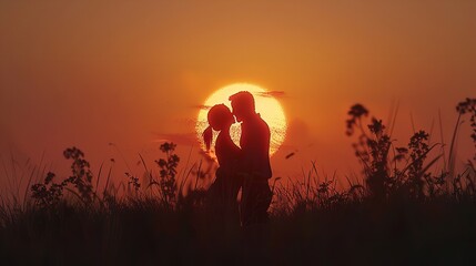 Picture of lovers' shadows and reflections in the sunset