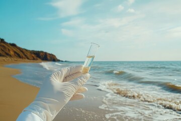 Hand with white glove holding a test tube of Baltic sea water for analysis.