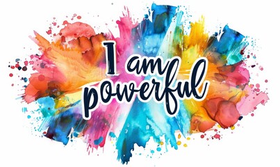 Wall Mural - I am powerful - motivational message. Handwritten modern calligraphy inspirational text background on watercolor paint splash