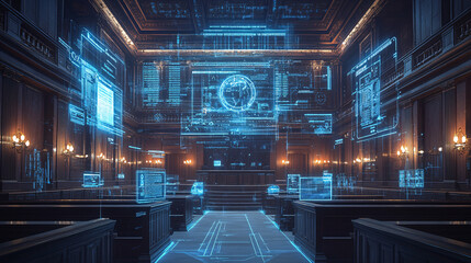 Futuristic Courtroom with Holographic Evidence Presentation and Digital Overlays for Legal Proceedings