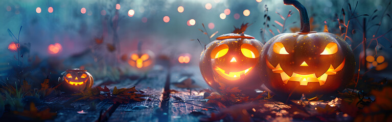 Poster - Jack O' Lanterns Glowing In Fantasy Night. Halloween Background