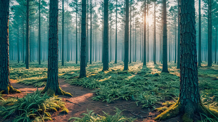 Sticker - Beautiful panoramic sunny forest in autumn sunlight with sunbeams through morning fog. Amazing scenery, majestic nature background. Peaceful calm hike travel concept footpath pine trees. Ai generated
