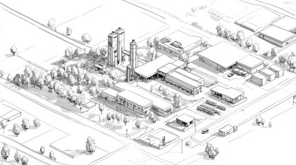 Black and white village map showing a gas station, designed with very detailed and clear lines.