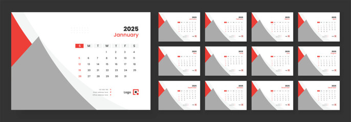 Desk calendar template 2025, new year 2025 table calendar, week starts on sunday.