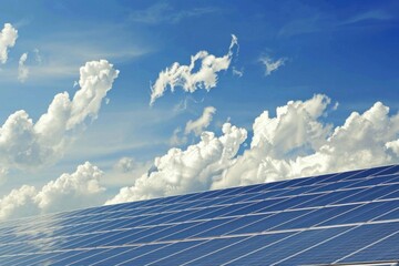 Solar panels on a rooftop under a bright blue sky with fluffy white clouds, showcasing renewable energy and sustainability