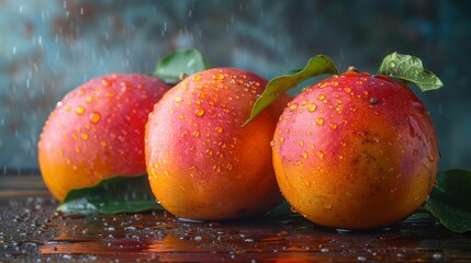 Wall Mural - Freshly Harvested Oranges With Dew on a Wooden Surface in Morning Light