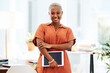 © peopleimages.com - Black woman, portrait and tablet in office for smile, research and planning for article information. Workplace, female journalist and computer with happiness for online blog, business and story