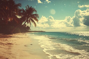 Wall Mural - A beach scene with palm trees and a cloudy sky. Scene is calm and relaxing