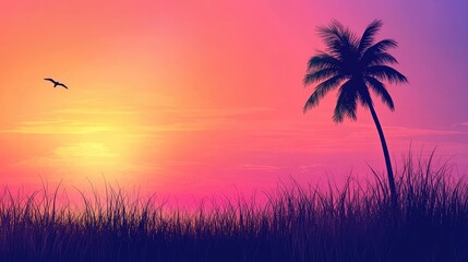 Wall Mural - a beautiful sunset with a palm tree in the background. the sky is a mix of pink and purple hues