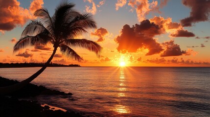 Wall Mural - a beautiful sunset over the ocean with a palm tree in the foreground. the sky is filled with clouds 