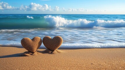 Wall Mural - Two hearts are on the beach, one on the left and one on the right. The beach is calm and peaceful, with the ocean in the background