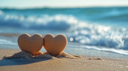 Wall Mural - Two hearts are on the sand at the beach. The beach is calm and peaceful. The two hearts are small and round, and they are placed on top of the sand