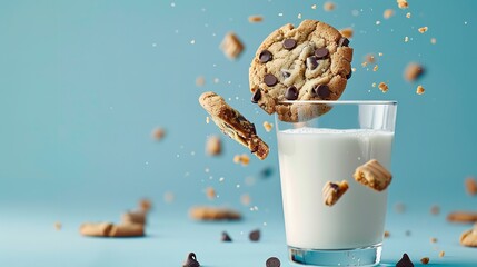 Delightful chocolatey cookies crumbs tumbling into a glass of milk and spilling with milk across a blue backdrop with blank advert spot, Generative AI.