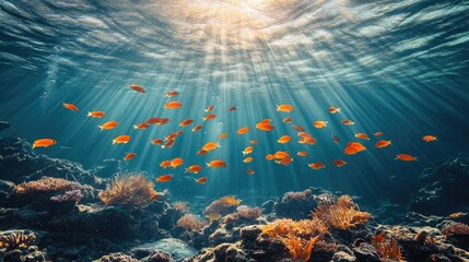 Wall Mural - A school of fish swimming in the ocean. The fish are orange and the water is blue. The sunlight is shining on the fish, making them look even more vibrant