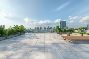 Modern rooftop terrace with minimalist design, featuring wooden furniture and potted plants against a city skyline, captured in bright daylight with detailed textures of concrete flooring and neutral 