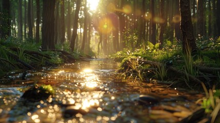 Sticker - A serene stream flowing through a dense and vibrant forest