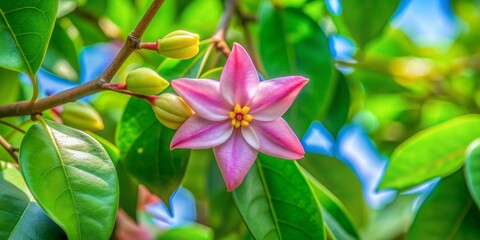 Delicate small pink star-shaped flower of the carambola tree, with five petals and a yellow center, blooming amidst lush green leaves in natural light.