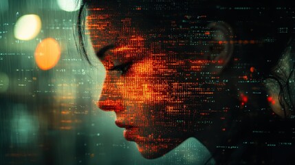 Double exposure of a human silhouette and binary code