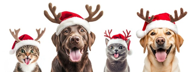 Wall Mural - merry christmas greeting card panorama - set collection group funny labrador dog cat pet head with r