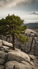 Wall Mural - A solitary cedar tree standing resiliently in a rocky landscape.
