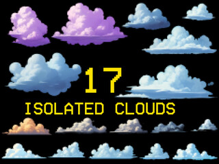 Clouds collection. 2D game assets pixel style, Isolated illustration of gaming background elements. 