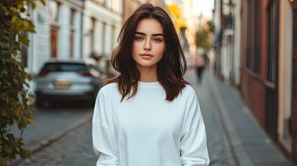 Wall Mural - A woman is standing on a street wearing a white shirt. She is looking at the camera. The street is lined with buildings and there are cars parked along the street