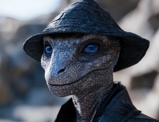 Poster - close-up of a mysterious blue-eyed reptilian creature wearing a black hat