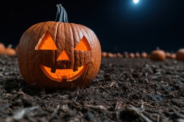 Wall Mural - Glowing jack-o'-lantern on dark night