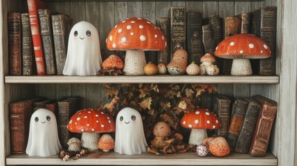 Charming Halloween ghosts and vintage mushrooms on a high resolution gothic bookshelf, white background, hyper detailed.