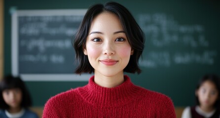 Sticker - smiling asian woman in red sweater in classroom