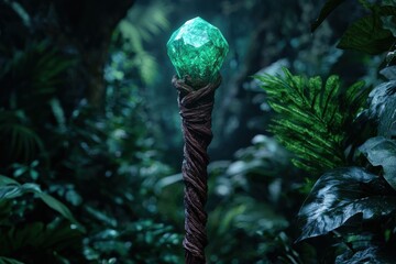 Poster - Glowing emerald crystal in lush jungle foliage