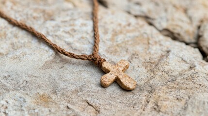 Wall Mural - Rustic cross pendant on rocky surface