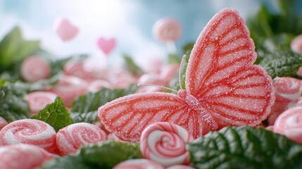 Canvas Print - Frosty pink butterfly and roses