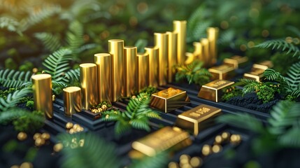 Wall Mural - Sustainable investing visual with gold bars, financial charts, and insights into environmental impact on the economy, blending finance with eco-awareness.