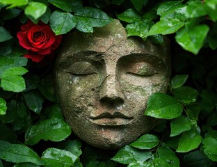 Canvas Print - Serene stone face surrounded by lush greenery and red rose