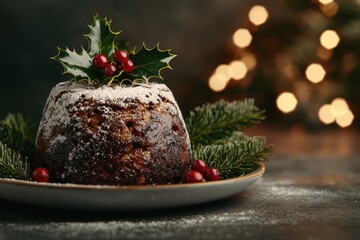 Wall Mural - festive christmas pudding with holly and pine