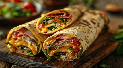 Tortilla wrap loaded with ham, crisp vegetables, and melted cheese, perfect for a tasty and wholesome meal.