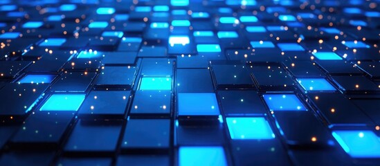 Wall Mural - abstract blue mosaic background featuring luminous squares digital technology concept with bright pi