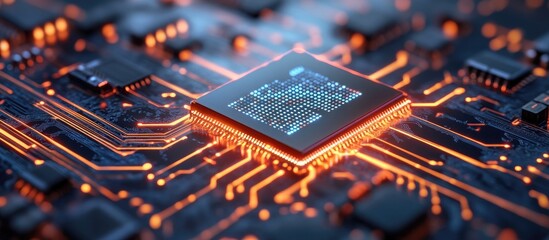 Wall Mural - ai driven algorithm development on computer chip circuit with data network diagram for business tech