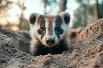 Canvas Print - Curious woodland creature peeking out from burrow