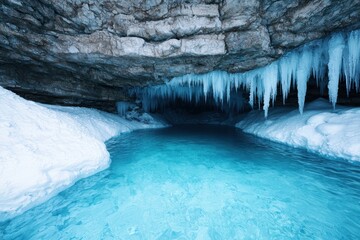 Canvas Print - Frozen underground cave with icicles and turquoise water