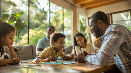 Family enjoying fun board game inside living room, happy moments, bonding, leisure time, parents and children playing together, cozy home environment, indoor activities, smiling family