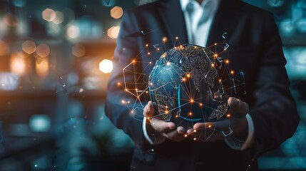 Wall Mural - man in a suit holds a glowing globe, symbolizing global connection and innovation in the digital wor