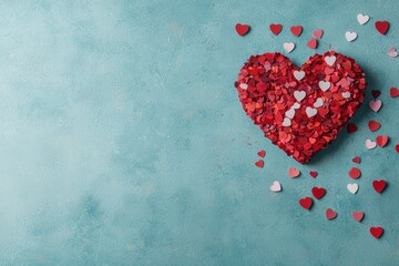 Poster - red heart-shaped confetti on teal background