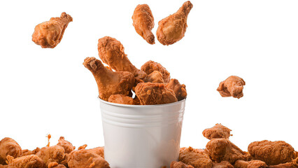 Fried Chicken Pieces Flying Out of a Paper Bucket, Isolated on Transparent and White Backgrounds, High-Resolution PNG Image