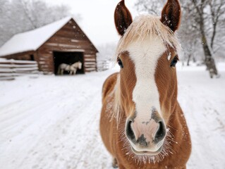 Canvas Print - Horse in snowy winter landscape with wooden cabin